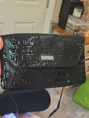 Nine West Black Glossy Croc-Embossed Wristlet Clutch